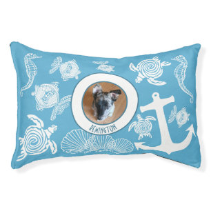 Custom Pet Photo Name Blue Beach Marine Life Pet Bed