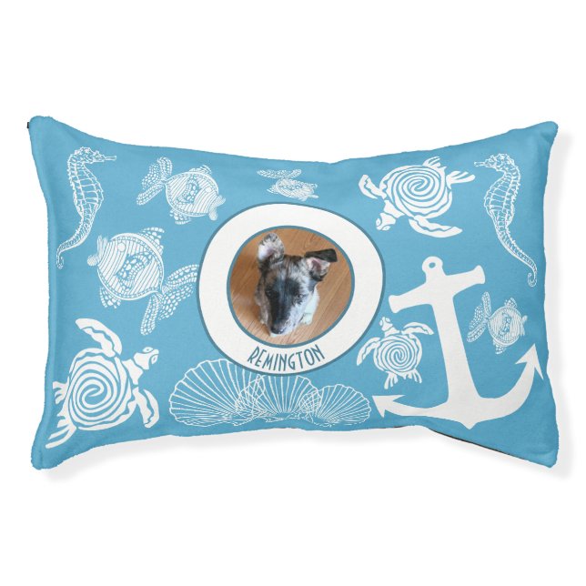 Custom Pet Photo Name Blue Beach Marine Life Pet Bed (Front)