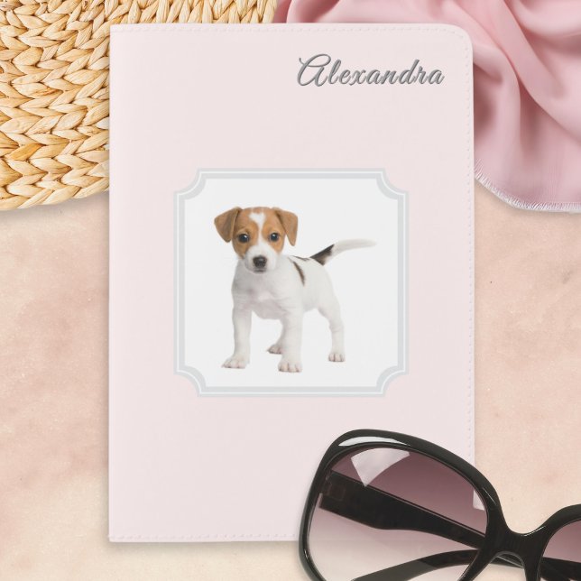 Custom Pet Photo & Name Blush Pink Personalized Passport Holder (A light pink passport cover, personalized with a name in script typography and a pet dog photo)