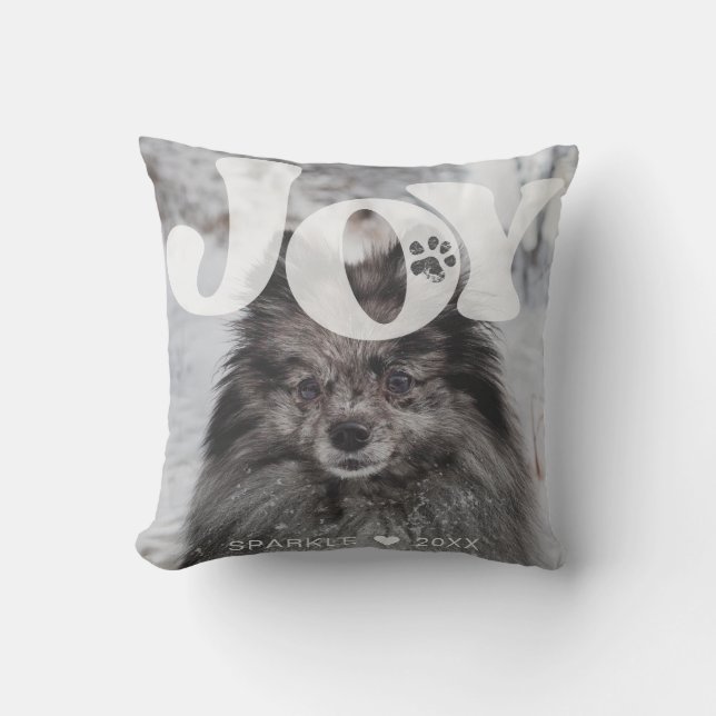 Custom Pet Photo Name Dog Paw Prints JOY Throw Pillow (Front)