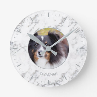 Custom Pet Photo &amp; Name - Faux Marble Texture Look Round Clock