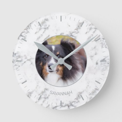 Custom Pet Photo  Name _ Faux Marble Texture Look Round Clock