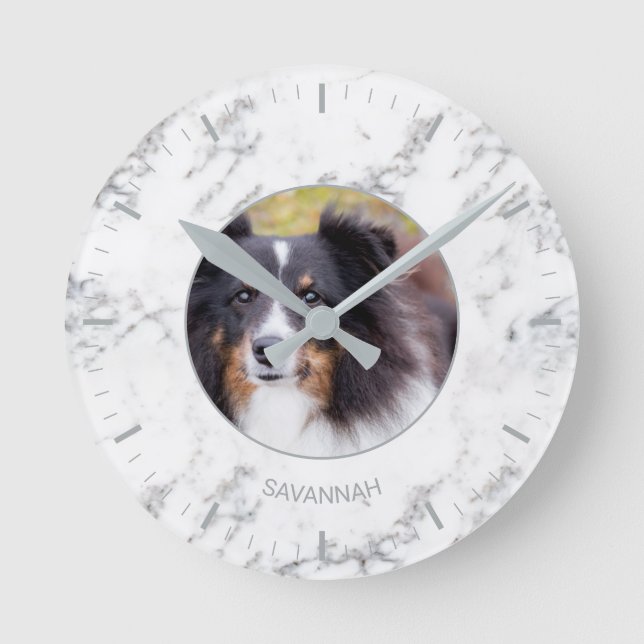 Custom Pet Photo & Name - Faux Marble Texture Look Round Clock (Front)