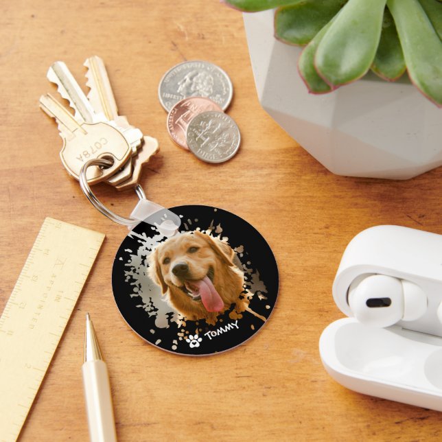 Custom Pet Photo & Name Metal Circle Keychain (Desk)