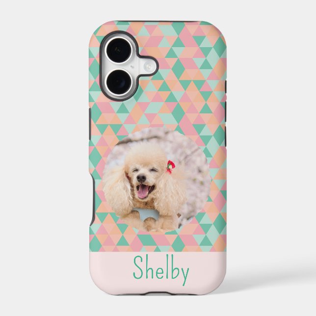Custom Pet Photo & Name Muted Pastel Geometric iPhone Case (Back)