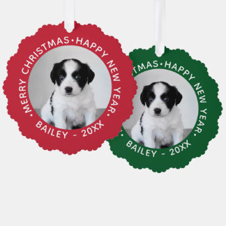 Custom Pet Photo Name Red Green Borders Christmas Ornament Card