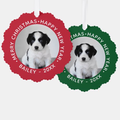Custom Pet Photo Name Red Green Borders Christmas Ornament Card