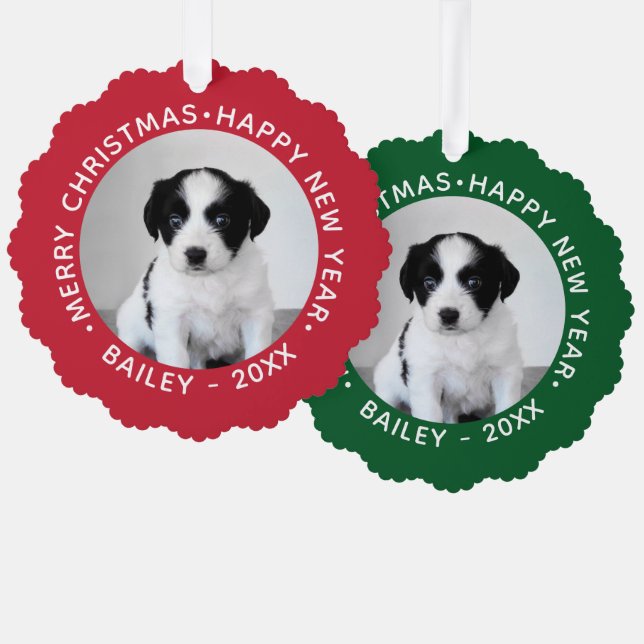 Custom Pet Photo Name Red Green Borders Christmas Ornament Card (Front/Back)