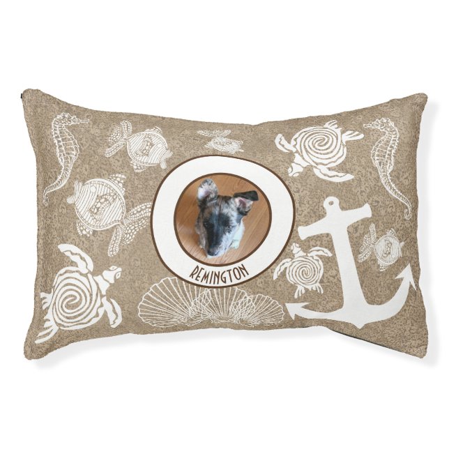 Custom Pet Photo Name Sandy Beach Marine Life Pet Bed (Front)