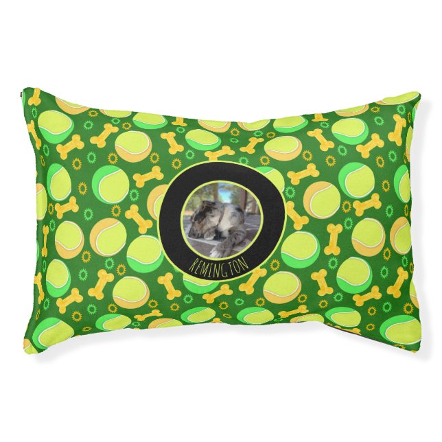 Custom Pet Photo Name Tennis Balls and Dog Bones Pet Bed (Front)