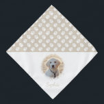 Custom Pet Photo & Name With Beige And White Paws Bandana<br><div class="desc">Beautiful and personalizable pet photo template design with white paws on a beige (changeable) background color. Change the sample photo to a photograph of your own pet and personalize the name and text field with your custom text. Half of the item is reserved for a pet photo and custom text...</div>