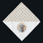 Custom Pet Photo & Name With Beige And White Paws Bandana<br><div class="desc">Beautiful and personalizable pet photo template design with white paws on a beige (changeable) background color. Change the sample photo to a photograph of your own pet and personalize the name and text field with your custom text. Half of the item is reserved for a pet photo and custom text...</div>