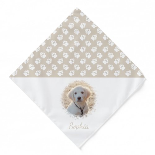 Custom Pet Photo  Name With Beige And White Paws Bandana