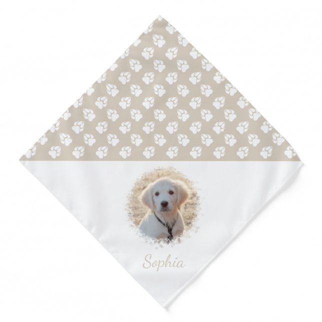 Custom Pet Photo & Name With Beige And White Paws Bandana (Front)