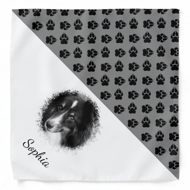 Custom Pet Photo & Name With Black And Gray Paws Bandana (Front)