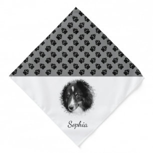 Custom Pet Photo & Name With Black And Gray Paws Bandana
