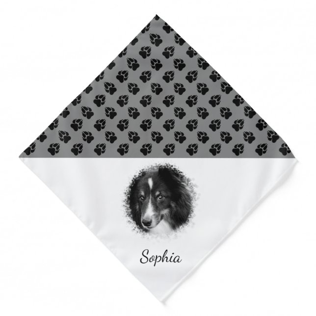 Custom Pet Photo & Name With Black And Gray Paws Bandana (Front)