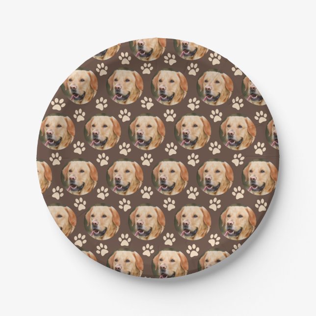 Custom Pet Photo Pattern Dog Brown Paper Plates (Front)