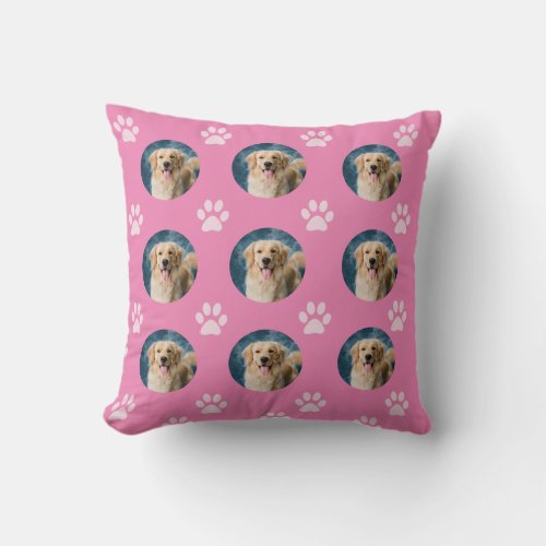Custom Pet Photo Pattern Dog Light Pink Throw Pillow