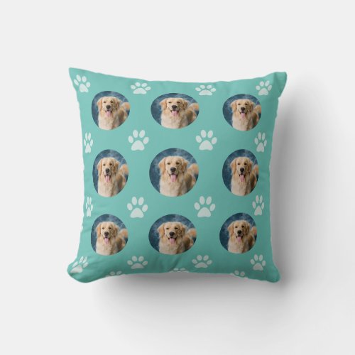 Custom Pet Photo Pattern Dog Light Teal Throw Pillow