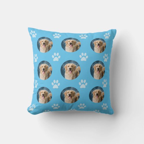 Custom Pet Photo Pattern Dog Sky Blue Throw Pillow