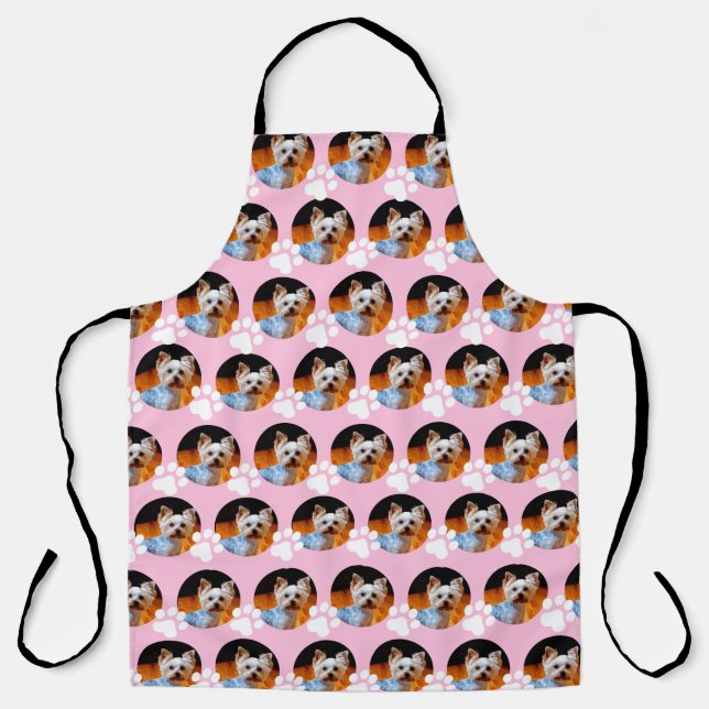 Custom Pet Photo Pattern Light Pink w Paw Print Apron (Front)