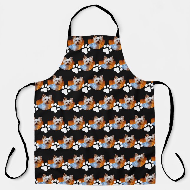 Custom Pet Photo Pattern Navy Blue w Paw Print Apron (Front)