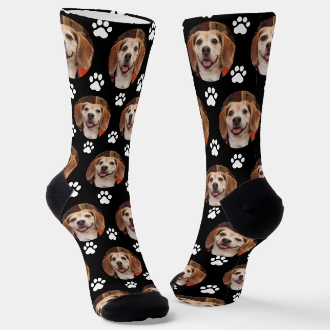  Custom Pet Photo & Paw Prints Black Socks (Angled)