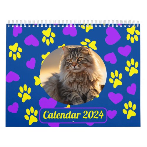 Custom Pet Photo Paw Prints Pattern Blue Calendar