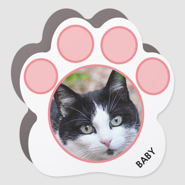 Custom Pet Photo, Pink Circles & Tuxedo Cat Car Magnet (Front)