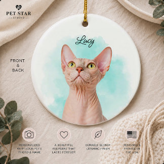 Custom Pet Photo Portrait + Text Watercolor Green Ceramic Ornament