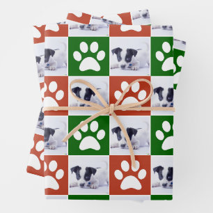 Custom Pet Photo Red and Green Paw Print Pattern Wrapping Paper Sheets
