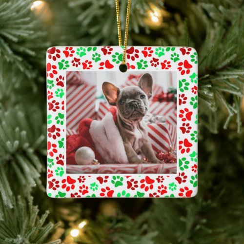Custom Pet Photo Red Green Paw Print Christmas Ceramic Ornament