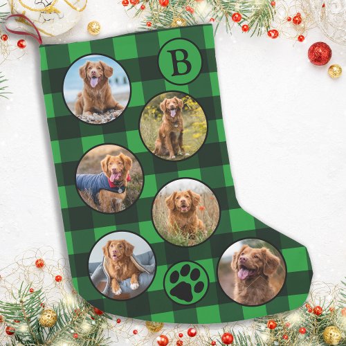 Custom Pet Photo Rustic Green Black Buffalo Plaid Small Christmas Stocking