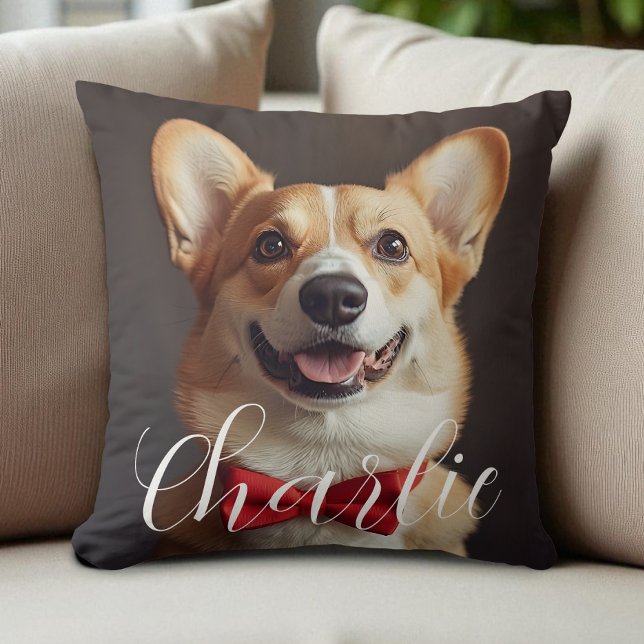 Custom Pet Photo Script Name Simple Calligraphy Throw Pillow (Custom Pet Photo Script Name Simple Calligraphy Throw Pillow)