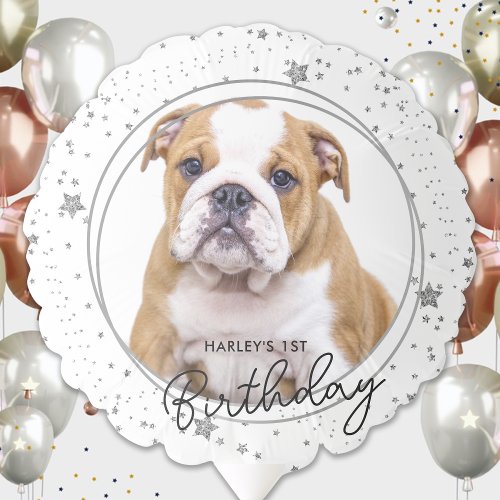 Custom Pet Photo Silver Glitter Stars Dog Birthday Balloon