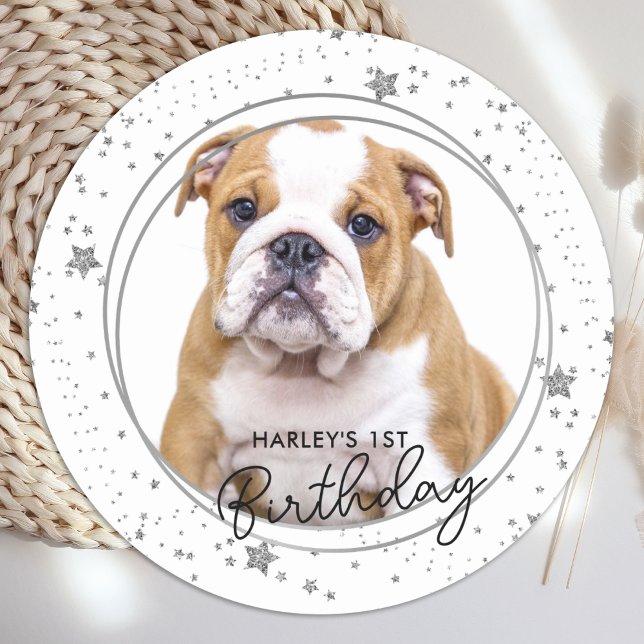 Custom Pet Photo Silver Glitter Stars Dog Birthday Classic Round Sticker (Creator Uploaded)