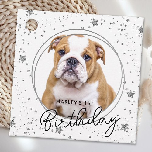 Custom Pet Photo Silver Glitter Stars Dog Birthday Favor Tags