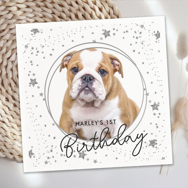 Custom Pet Photo Silver Glitter Stars Dog Birthday Napkins (Creator Uploaded)