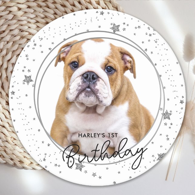 Custom Pet Photo Silver Glitter Stars Dog Birthday Round Paper Coaster (Creator Uploaded)