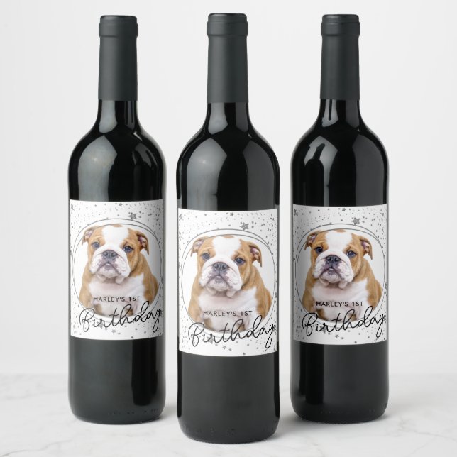 Custom Pet Photo Silver Glitter Stars Dog Birthday Wine Label (Bottles)