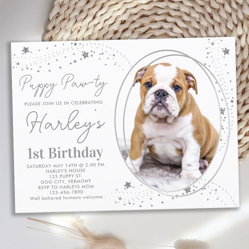 Custom Pet Photo Silver Stars Puppy Dog Birthday Invitation Postcard