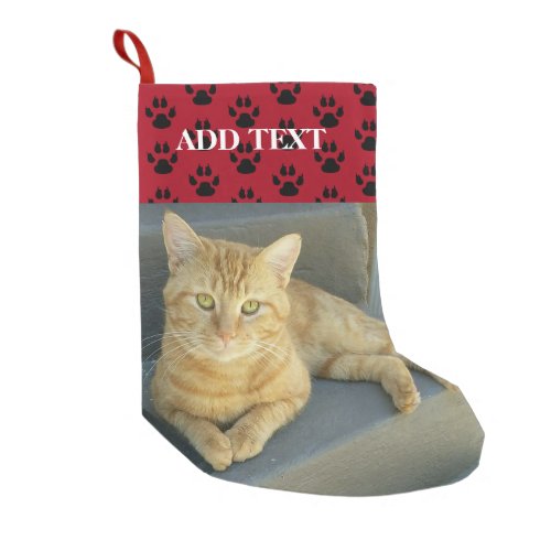 Custom Pet Photo Tabby Cat Paw Prints Red Small Christmas Stocking
