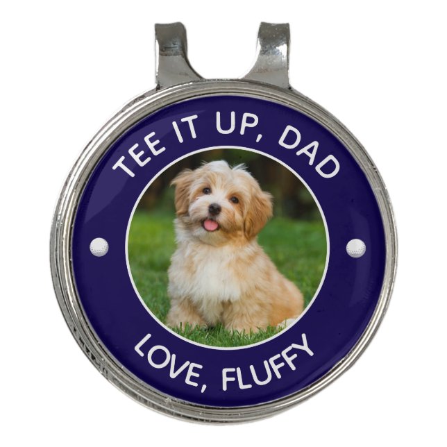 Custom Pet Photo Tee It Up Dad Navy Blue Golf Hat Clip (Front)