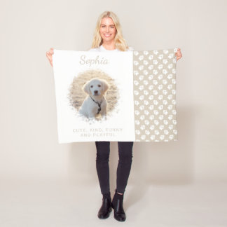 Custom Pet Photo Template On Beige &amp; Paws And Text Fleece Blanket