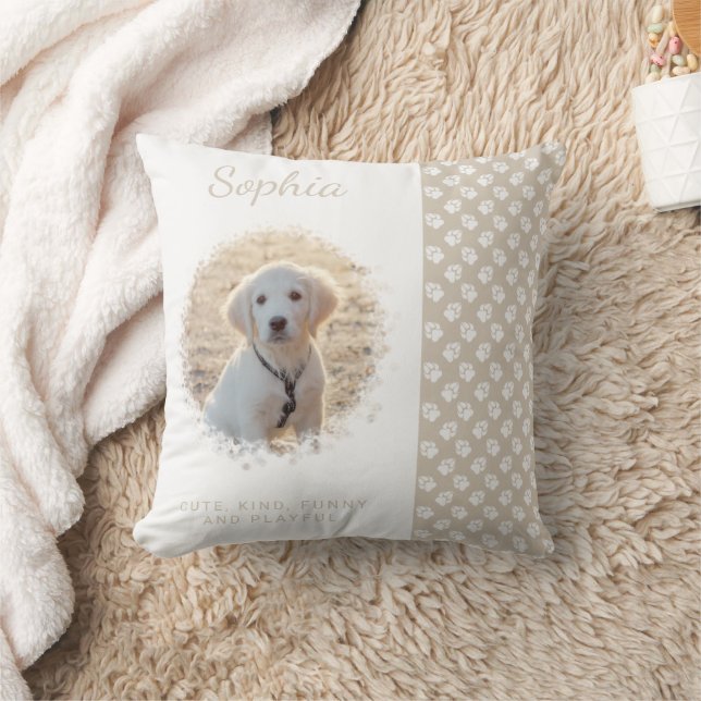 Custom Pet Photo Template On Beige & Paws And Text Throw Pillow (Blanket)