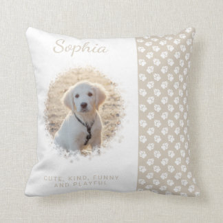 Custom Pet Photo Template On Beige &amp; Paws And Text Throw Pillow