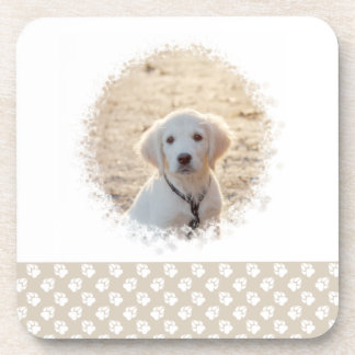 Custom Pet Photo Template &amp; White Paws On Beige Beverage Coaster
