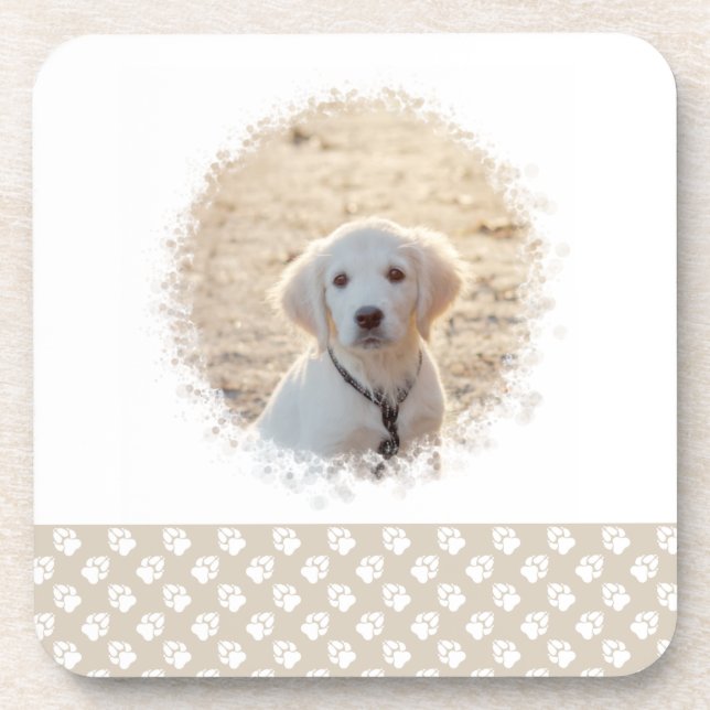 Custom Pet Photo Template & White Paws On Beige Beverage Coaster (Front)