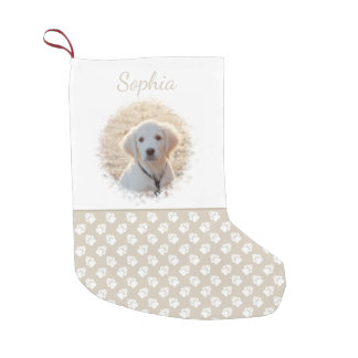 Custom Pet Photo Template With Beige &amp; White Paws Small Christmas Stocking